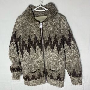 Vintage Handmade Brown Chevron Pattern Cowichan Sweater Zip Front Cardigan S